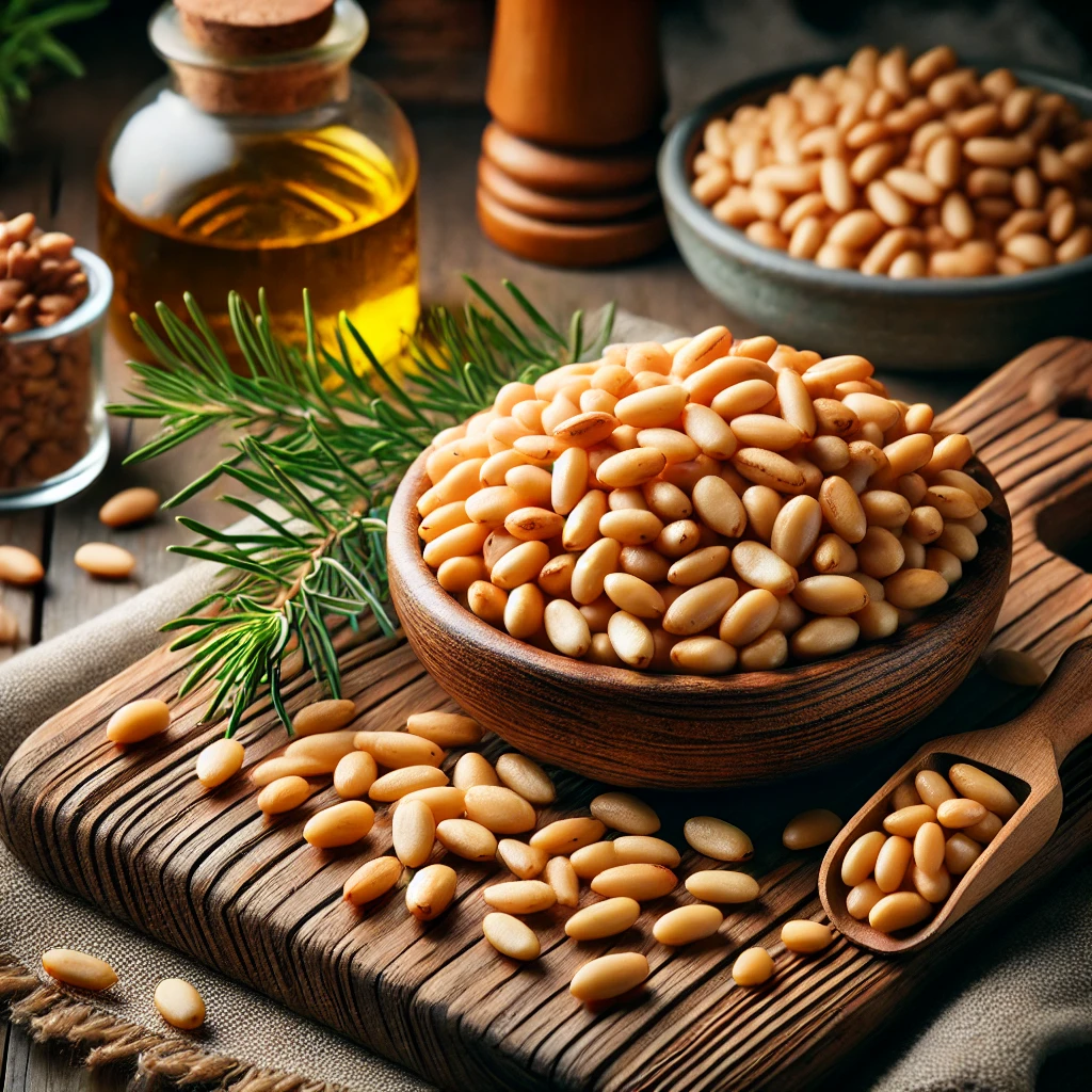 DALL·E 2025 01 23 11.09.18 A visually appealing high resolution image of roasted pinon pine nuts on a wooden cutting board. The pine nuts are golden brown and placed next to a